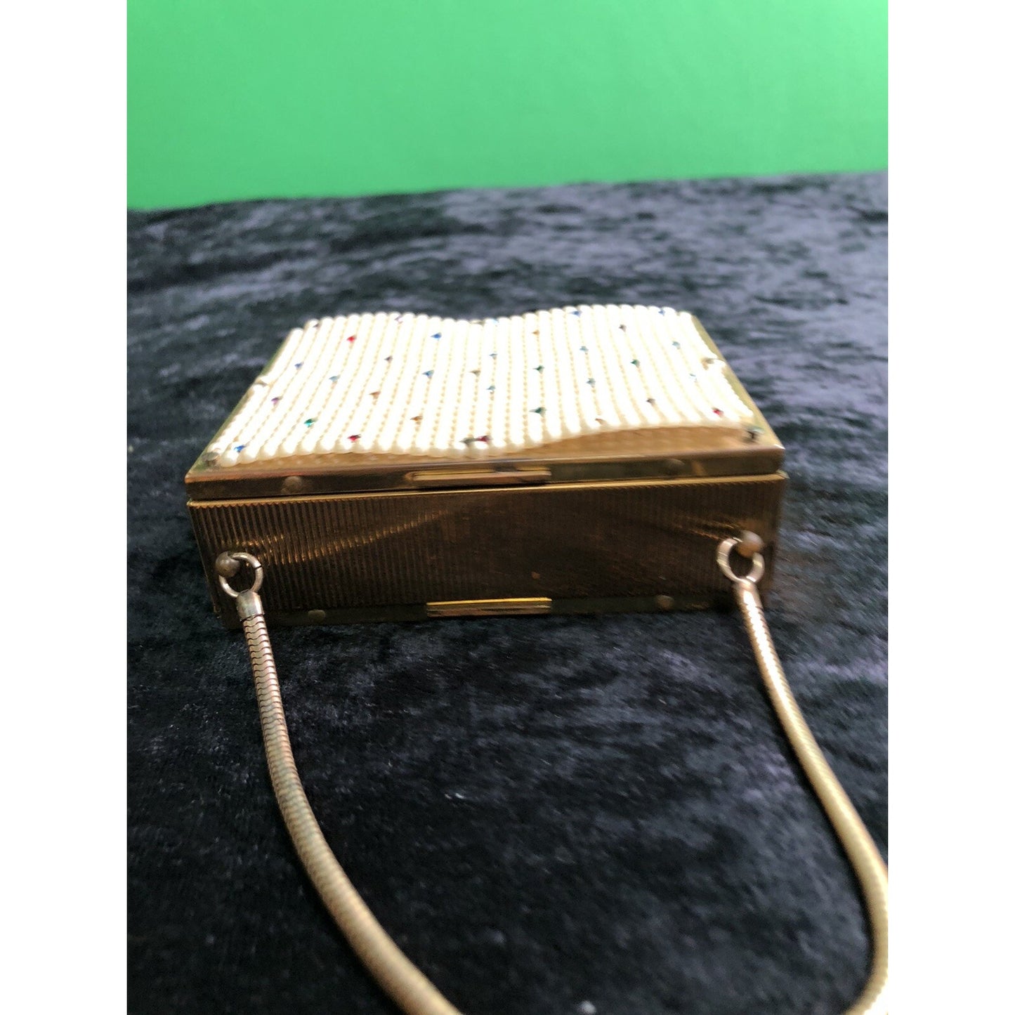 Vintage Minaudiere Metal Box Purse W/ Powder Lipstick Comb Mirror Evening Bag
