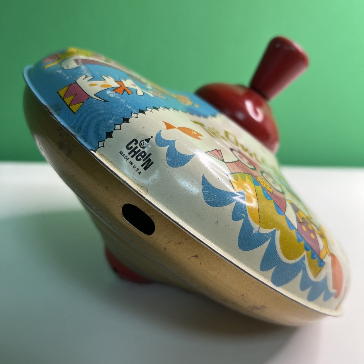 Vintage Tin Litho Chein Spinning Top Nursery Rhymes Mary Lamb Owl Pussy Cat King