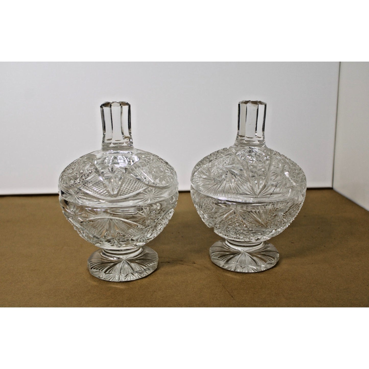 Two Heavy Vintage Bohemian Lead Crystal Dishes with Lids 9"h Brilliant Starburst
