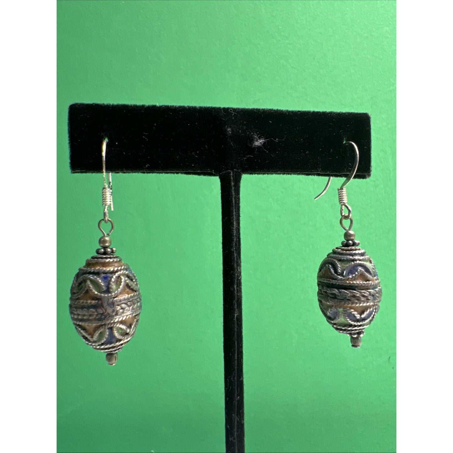 Vintage Cloisonné Enamel Silver Dangle Earrings French Wire