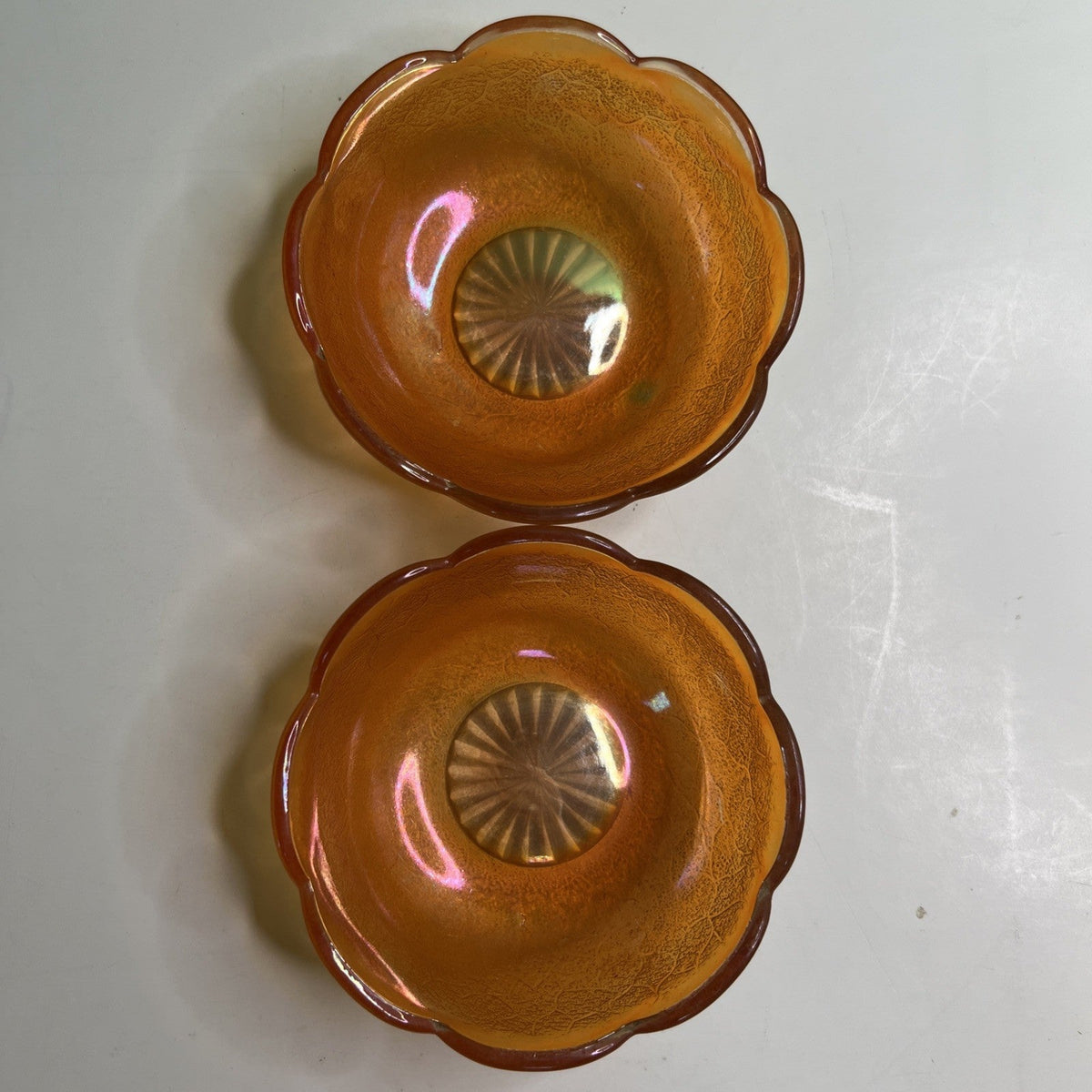 Pair Vintage Jeanette Marigold Iridescent Berry Bowls Crackle Carnival Glass 4"