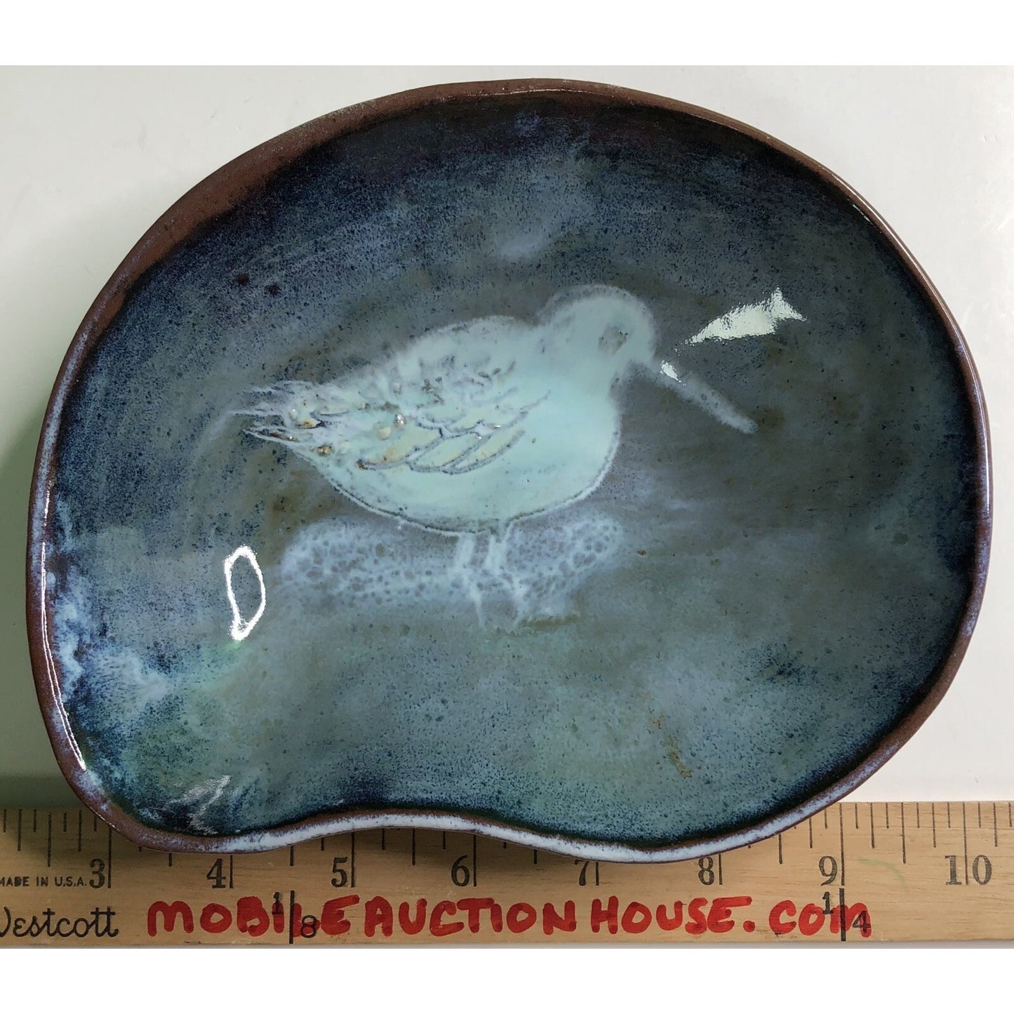 Vintage MCM Freeform DISH Bowl Studio Art Pottery w/ BIRD Blue Glaze Signed M V