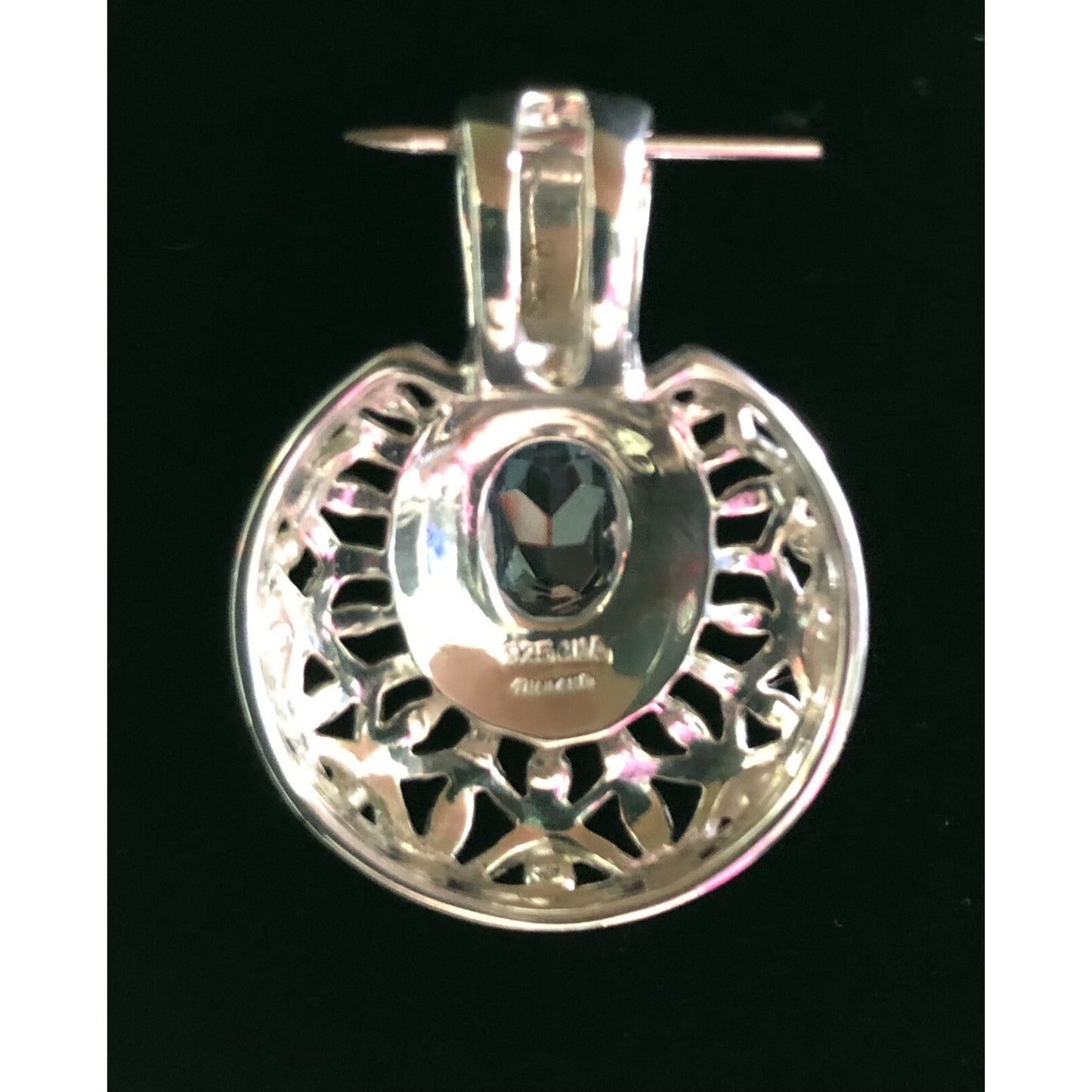 Openwork Filigree Blue Topaz Pendant Signed CNA Sterling Silver 925