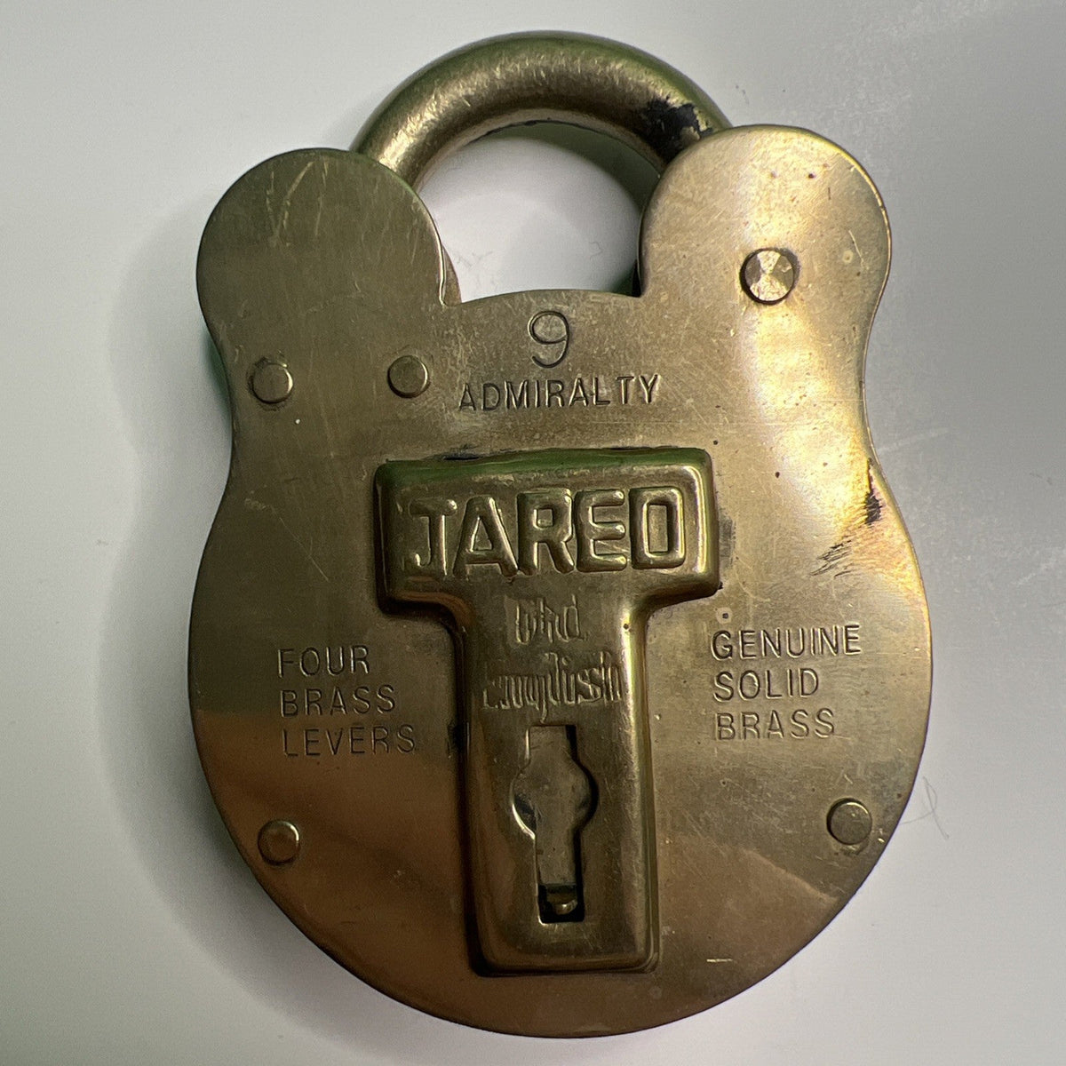 Vintage Jared #9 Admiralty Old English Solid Brass Padlock Levers Lock No Key