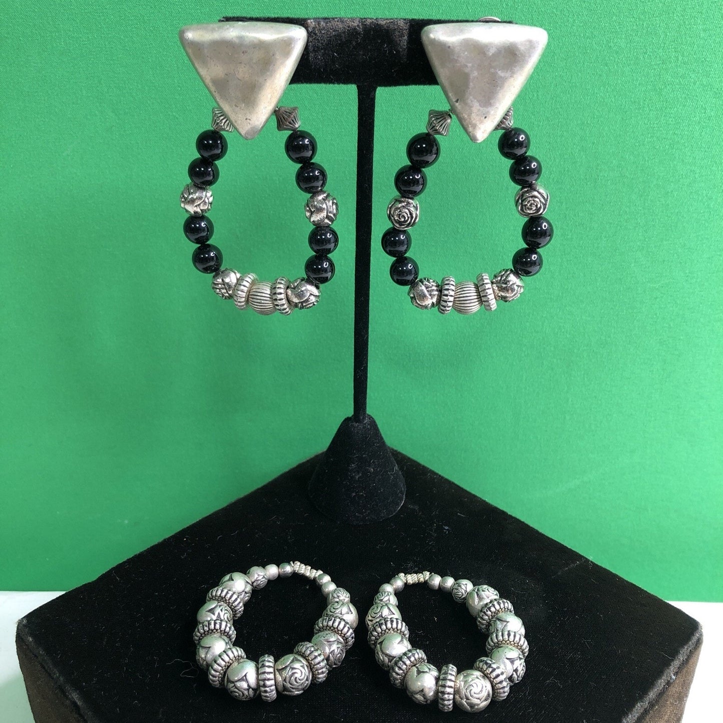 Vintage Mexican Silver Style Pierced EARRINGS w/ Interchangeable Beaded Dangles