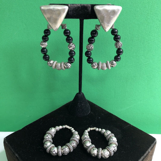 Vintage Mexican Silver Style Pierced EARRINGS w/ Interchangeable Beaded Dangles