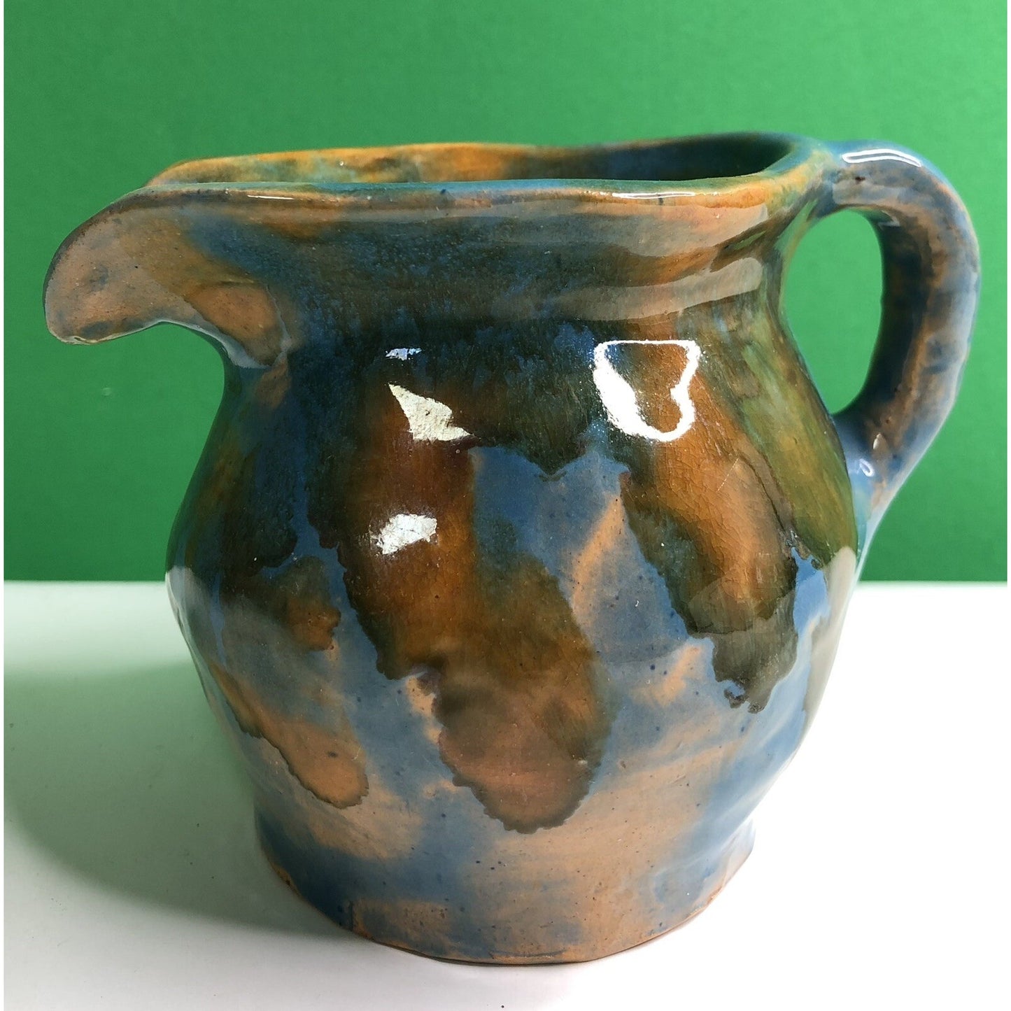 1940 Fairhope AL Art Pottery Pitcher Creamer By Georgia Drip Glaze Blue Orange