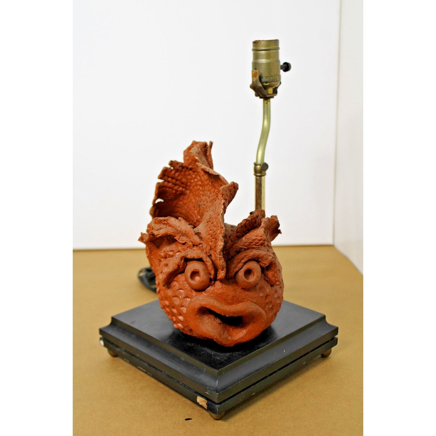 Artisan-made Pottery Terracotta Figural Reef Fish Lamp on Black Base, Untested