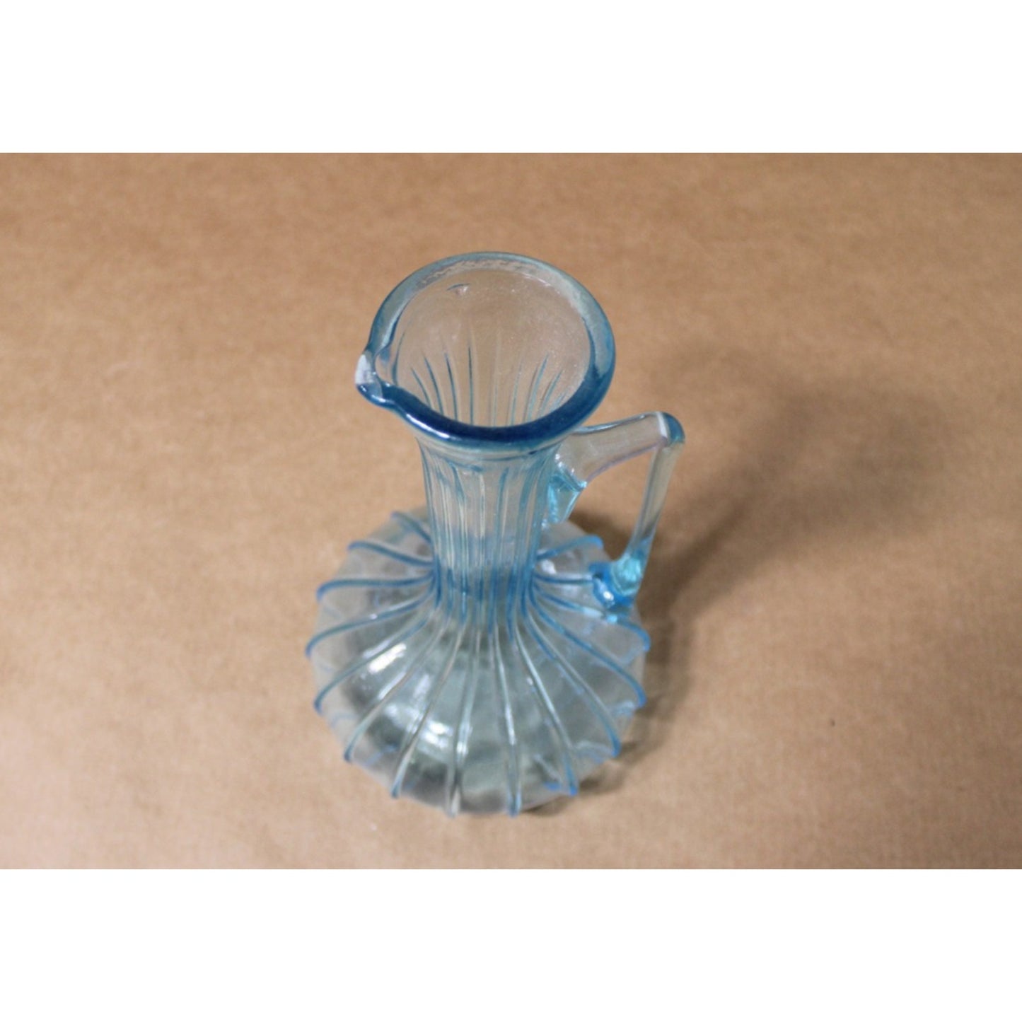 Vintage Aqua Fluted Glass Pitcher/ Bud Vase, 7.5" H Mid-Century Mod Unique MCM