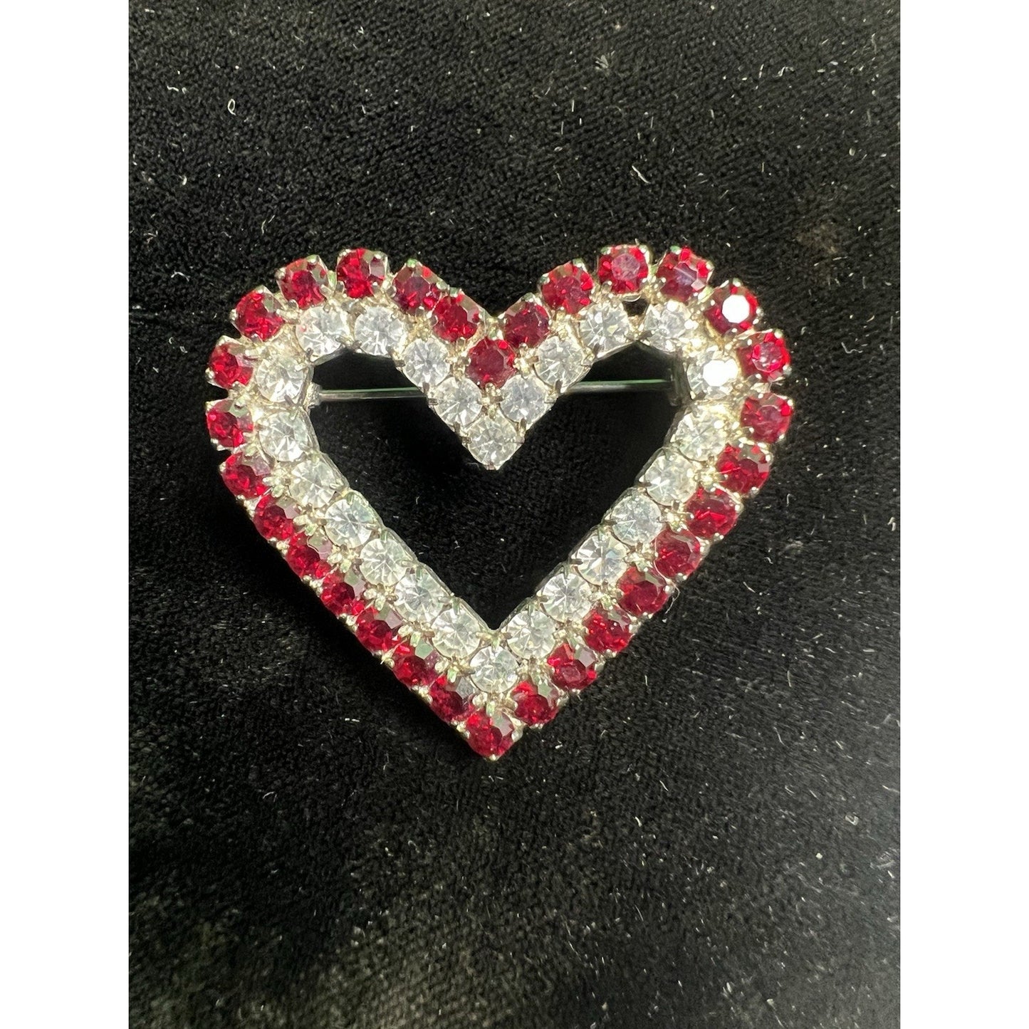 Vintage Heart Lapel Scarf Brooch Pin Rhinestones Costume Jewelry 1.5” Wide