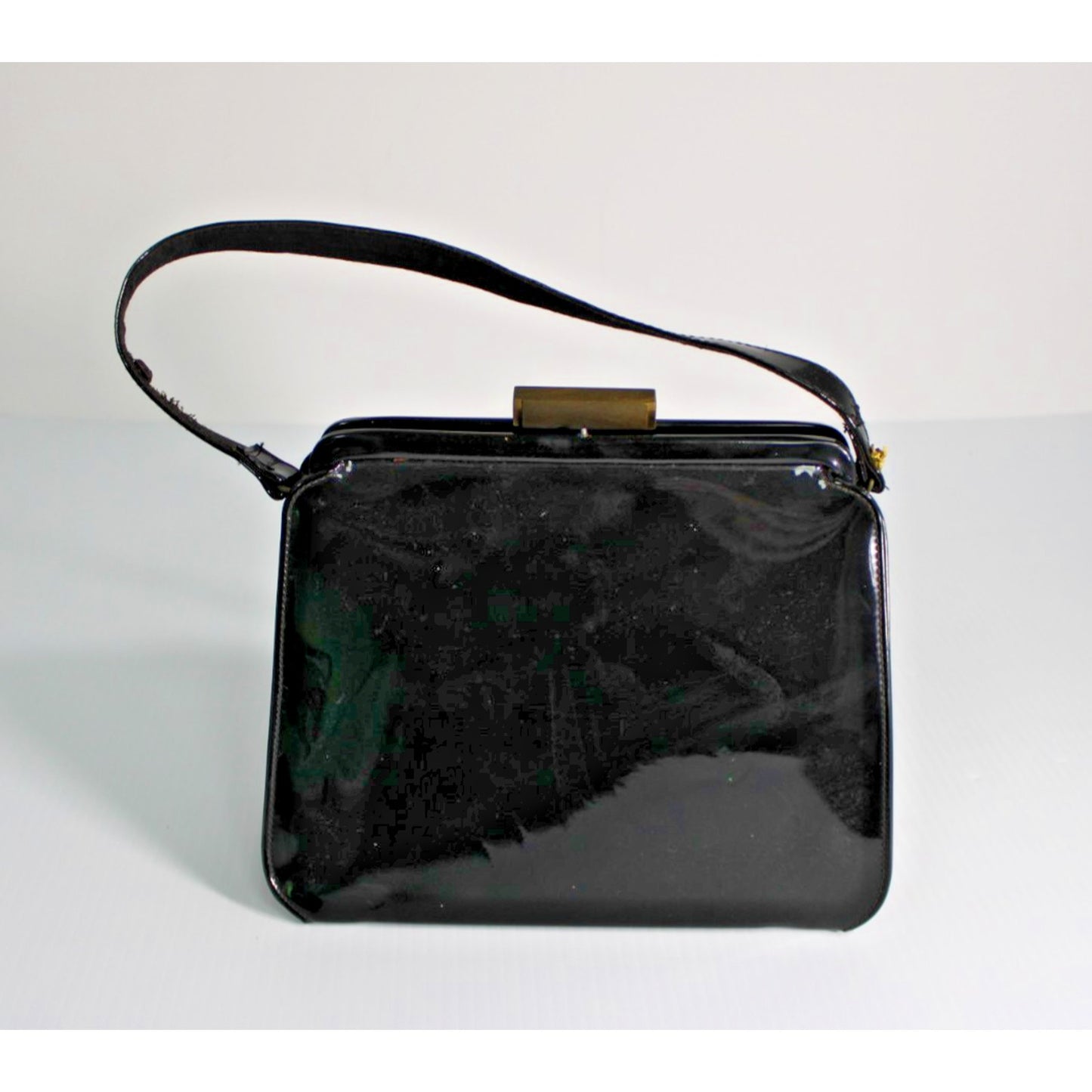 Vintage 1950s 1960s Black Patent Structured Frame Handbag Gold Bar Clasp MCM