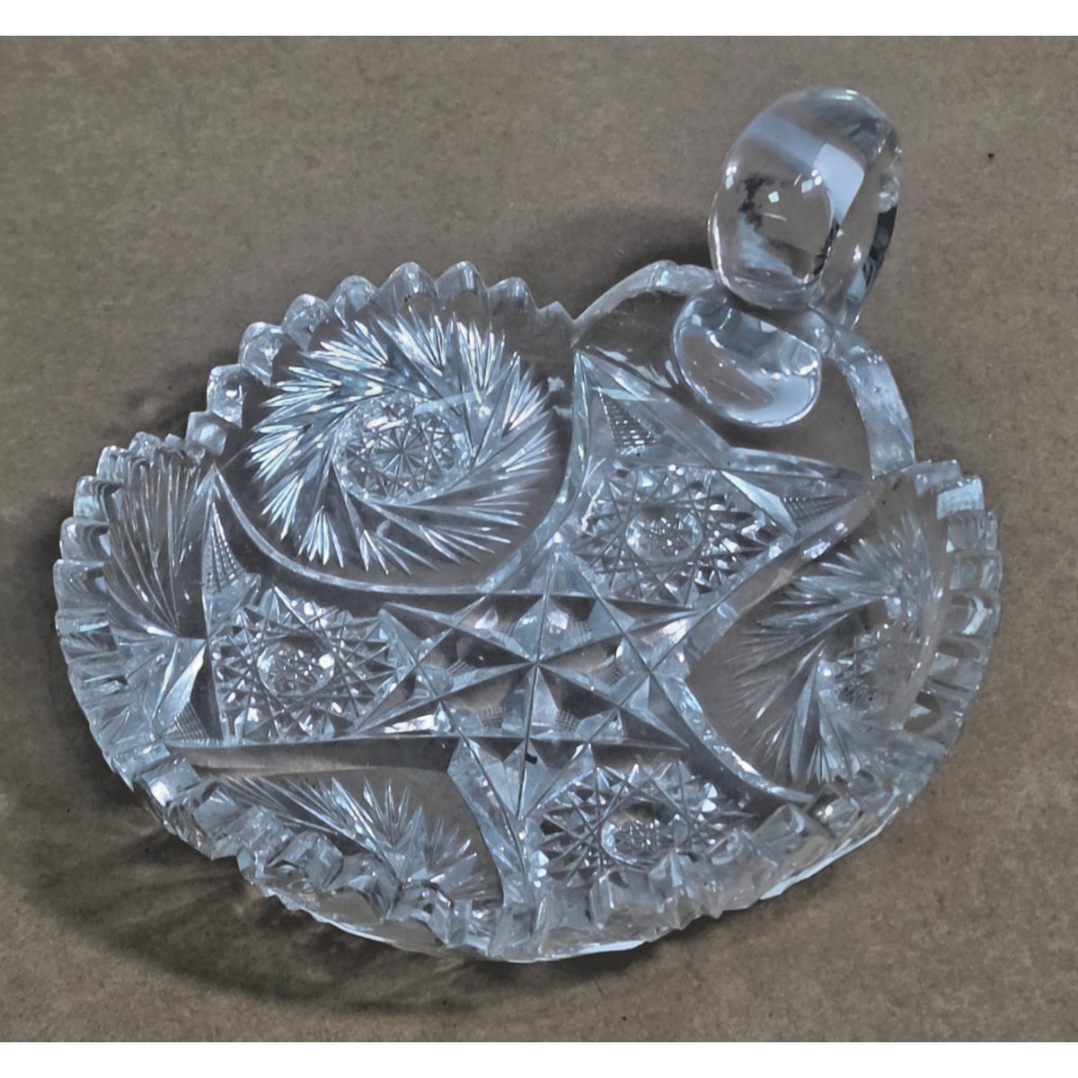 Vintage Cut Crystal Pinwheel Handled Nappy Dish Candy Bowl 6"