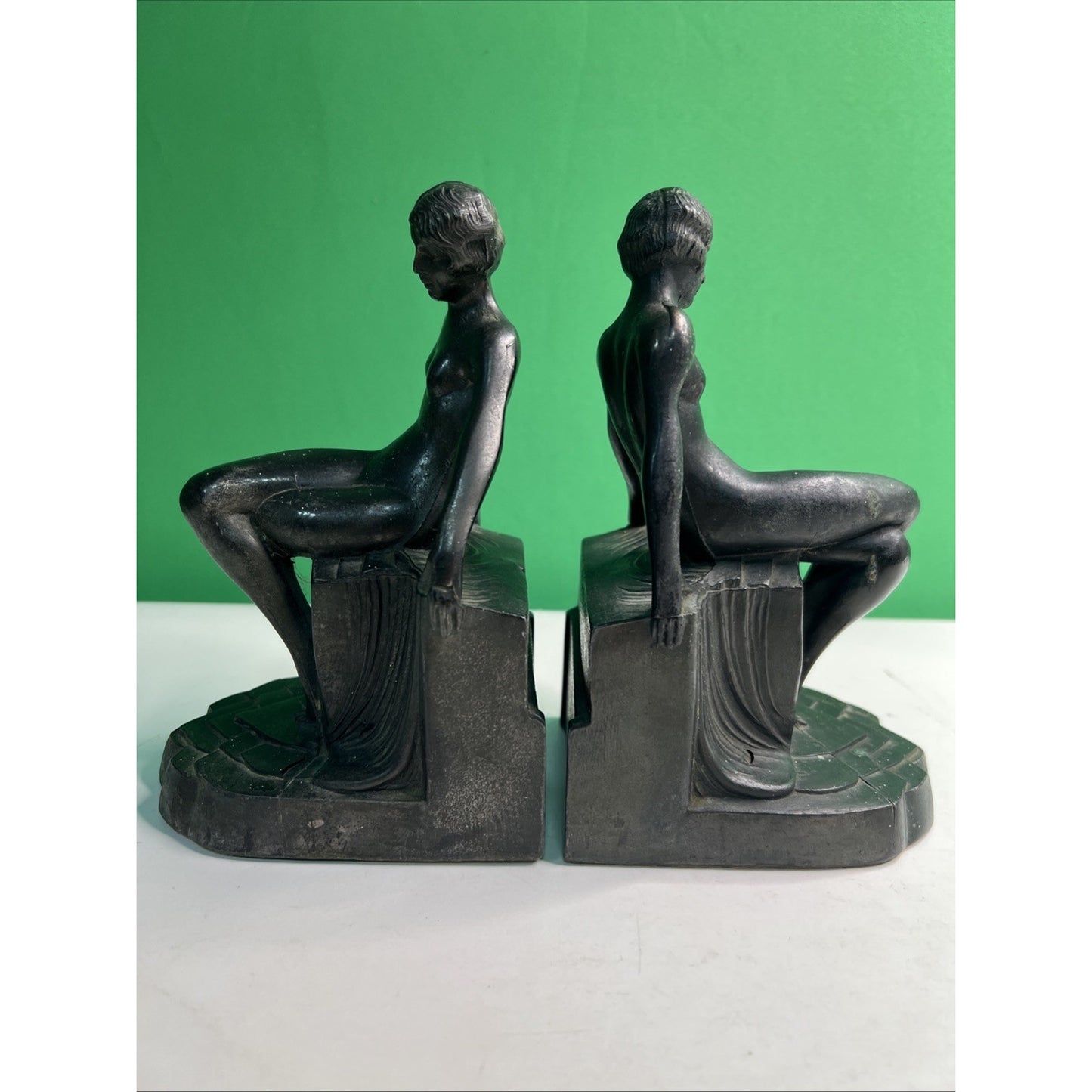 Art Deco 1930's Pair of Nude Flapper Girls Spelter Metal Bookends