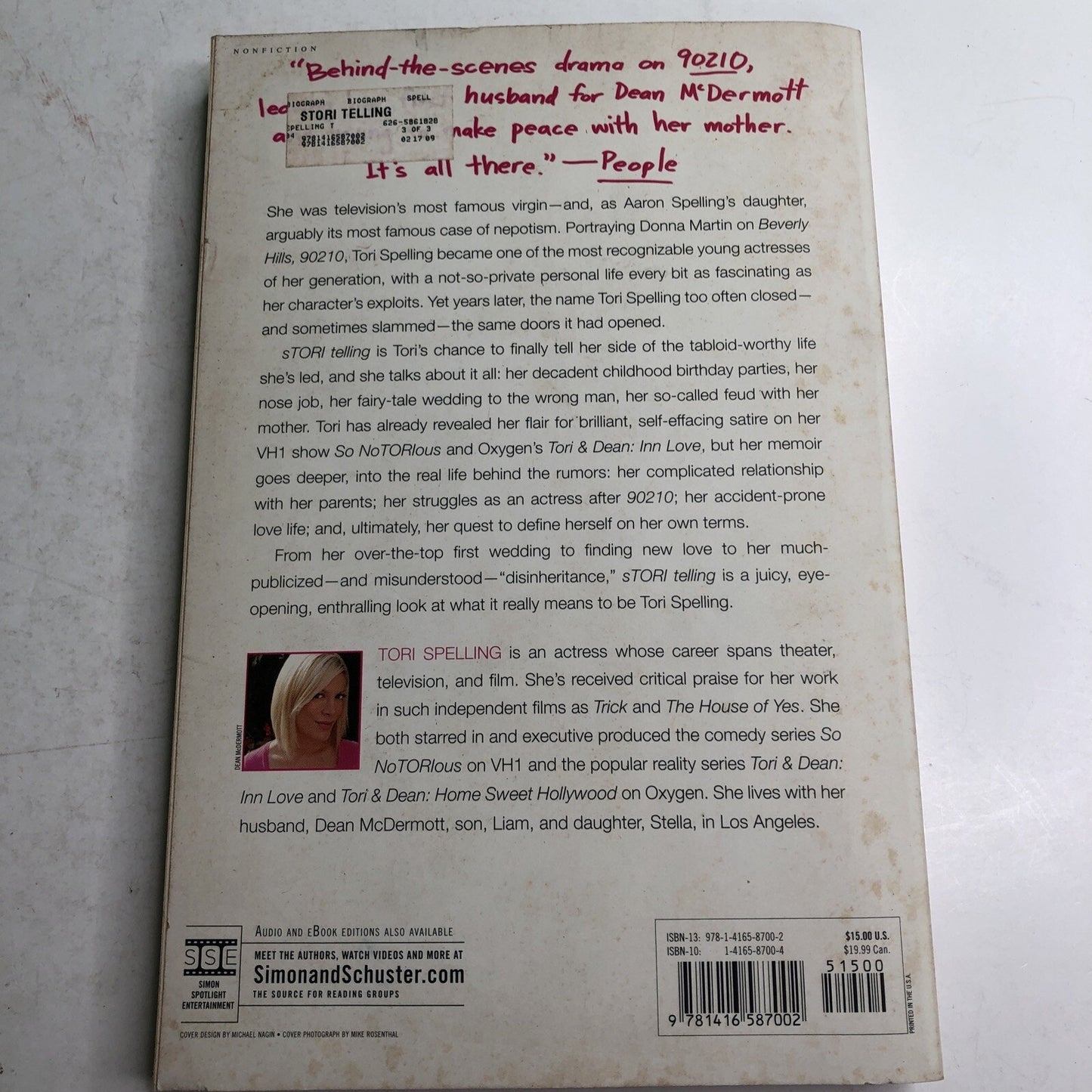 sTori Telling By Tori Spelling & Hilary Liftin 2008 Paperback