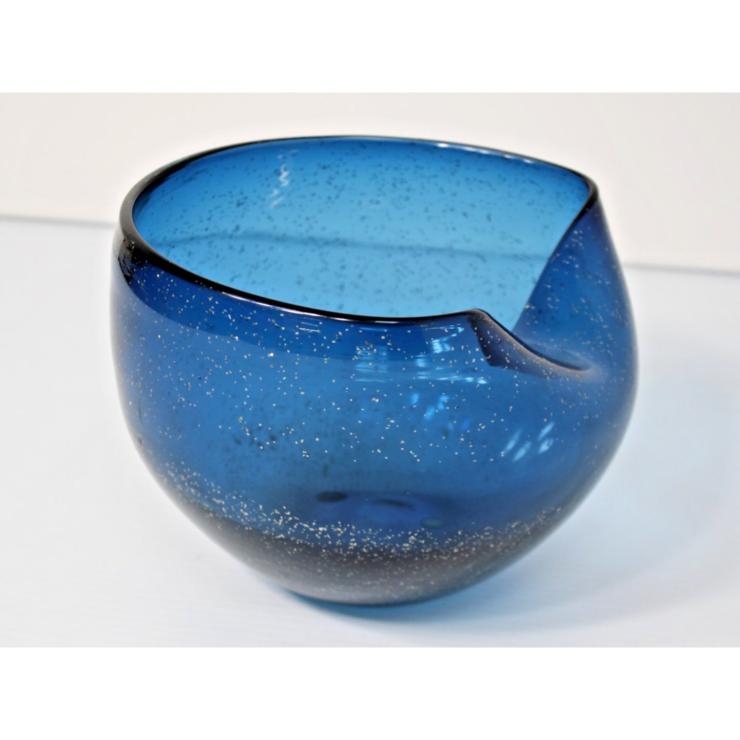 Vintage 60s Mod Blue Glass Vessel with Glitter Flake, Folded Rim Bowl- Gorgeous!