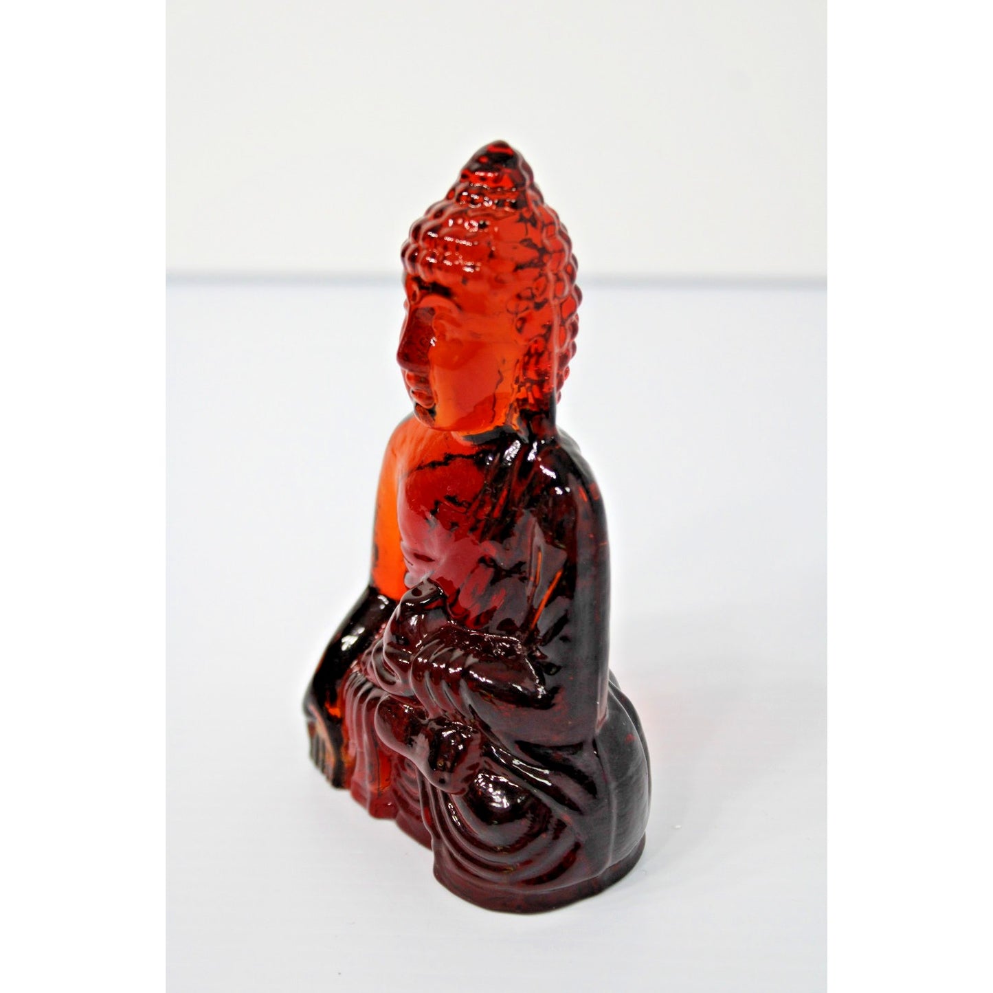 Art Glass Buddha Bodhisattva Figure, 5.5H Amber Red Amberina, Dynasty Gallery