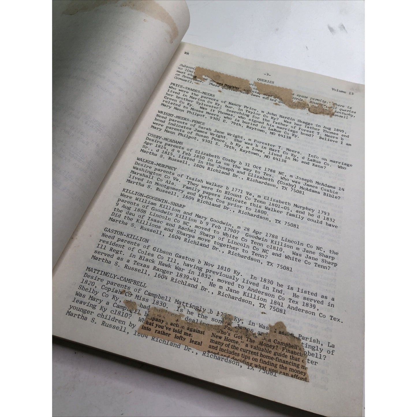 Ridge Runners Volume X111 1981 William Yates Genealogy Pedigree Family Record