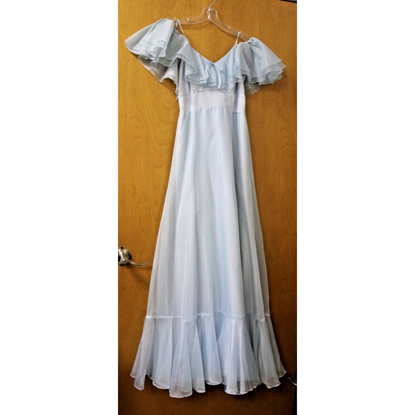 Vtg 70s Ice Blue Organza Formal Dress Off Shoulder Ruffle Tiered Prom Gown S XS