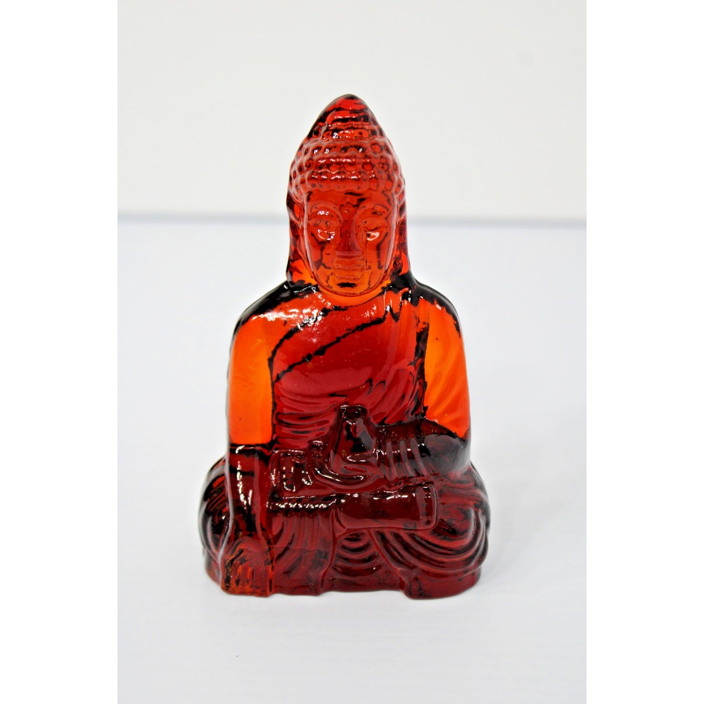 Art Glass Buddha Bodhisattva Figure, 5.5H Amber Red Amberina, Dynasty Gallery
