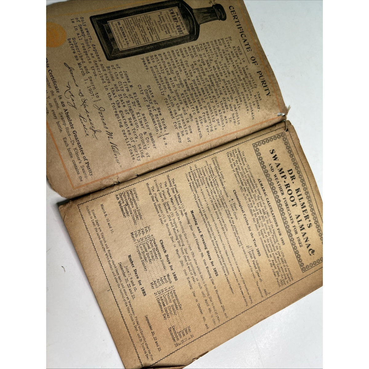 1922 Swamp-Root Almanac Weather Forecasts Dr. Kilmer & Co Advertisement Medicine