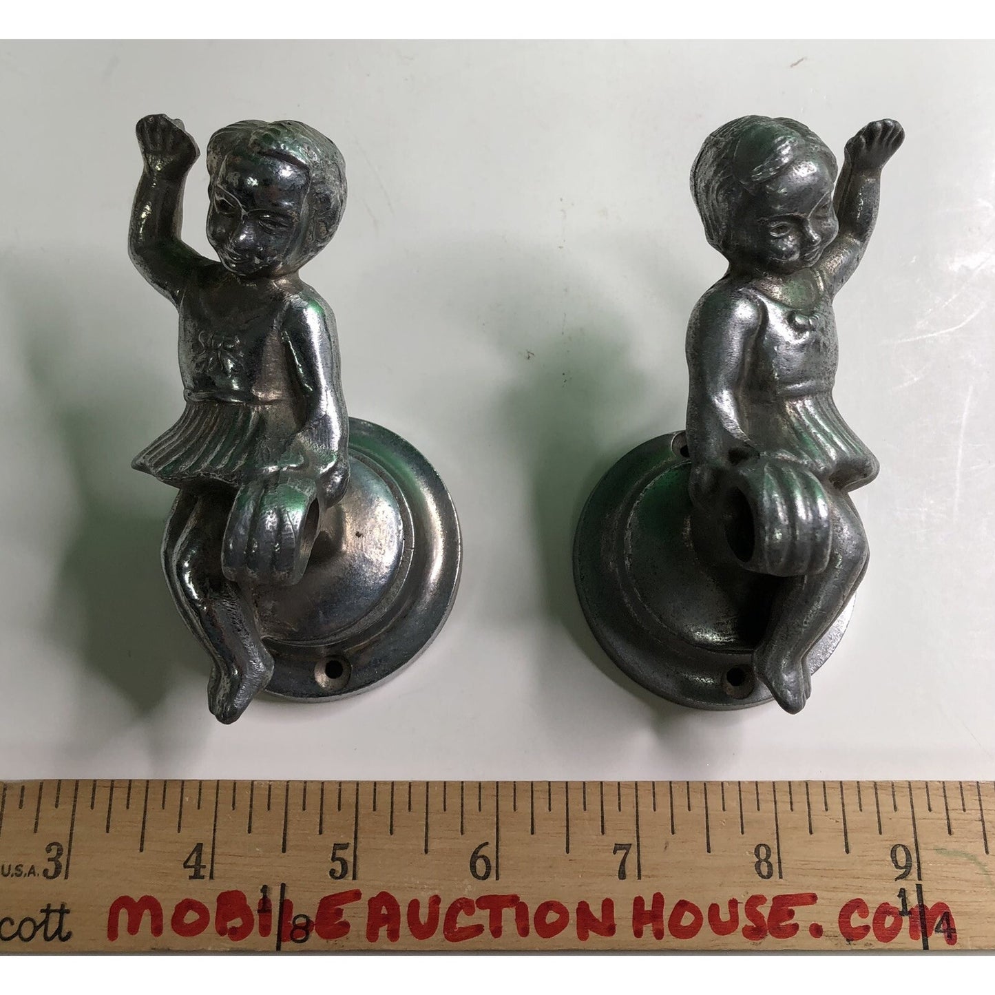 PAIR of Antique Cast Aluminum GIRLS Wall Mount TOWEL ROD HOLDER Kitchen Bath