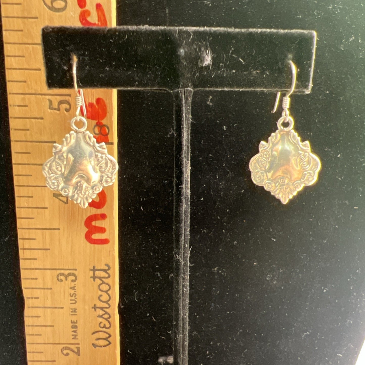 Vintage Ornate Sterling Silver Shield Medallion Earrings Dangle Drop French Wire