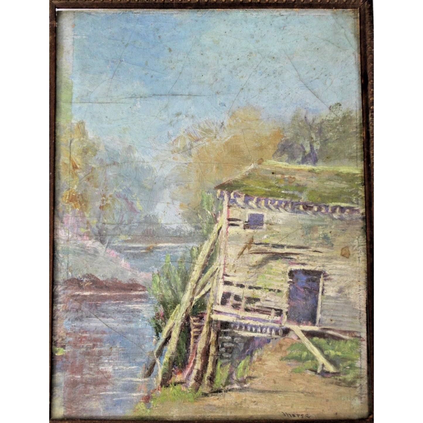 Antique Framed Coastal Scene Oil on Cardboard, Signed "Morse" -8.25" x 10.5"