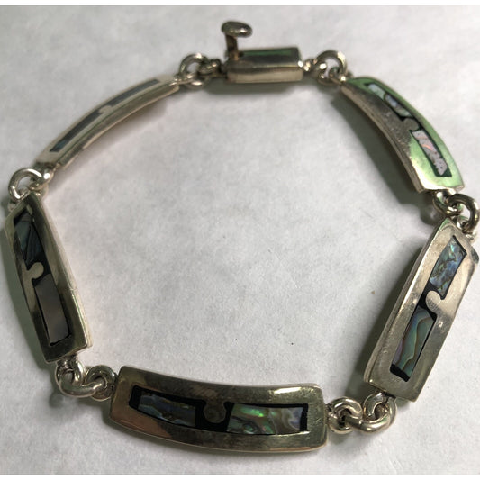 Vintage Sterling Silver Abalone Inlaid Link BRACELET Southwestern 26.43 Grams