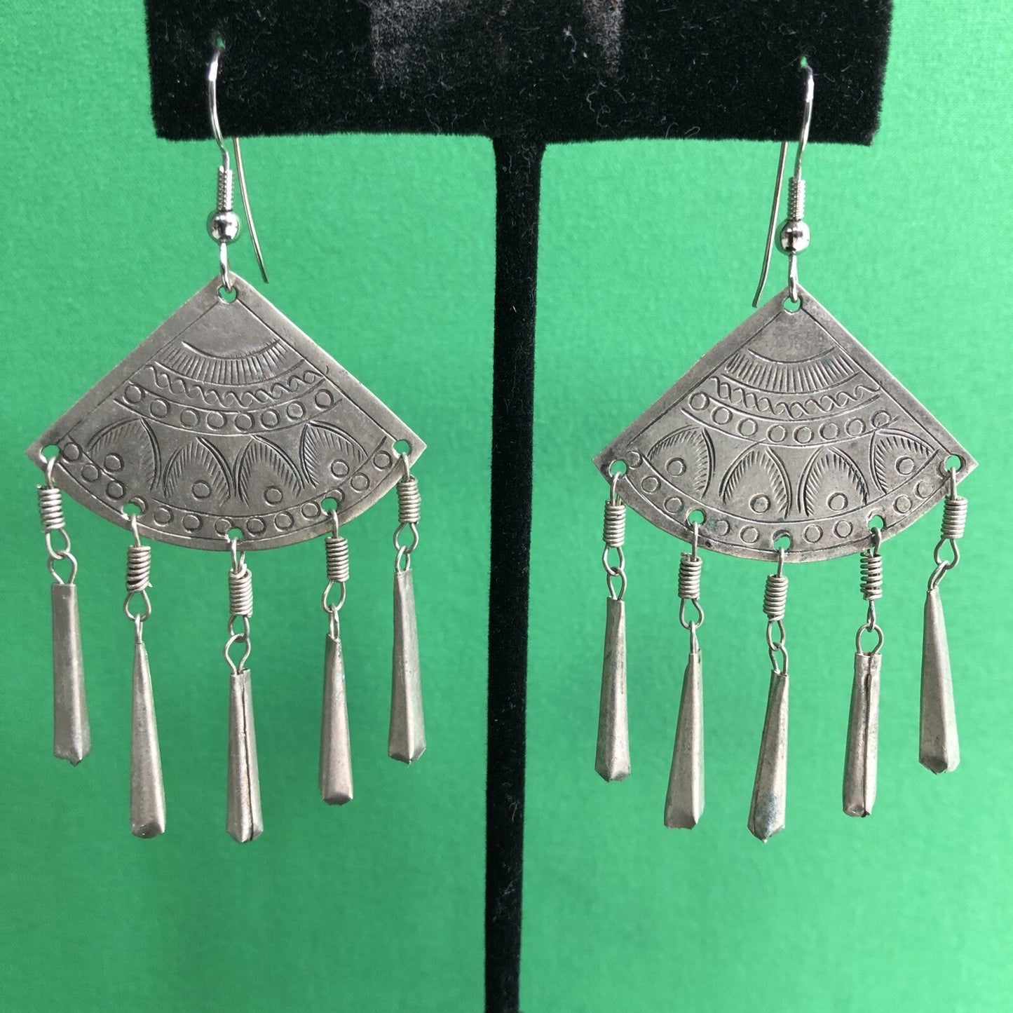 Vtg Mexican Silver Fan Dangles Drop Earrings Stamped Detail Pierced Hook Wire