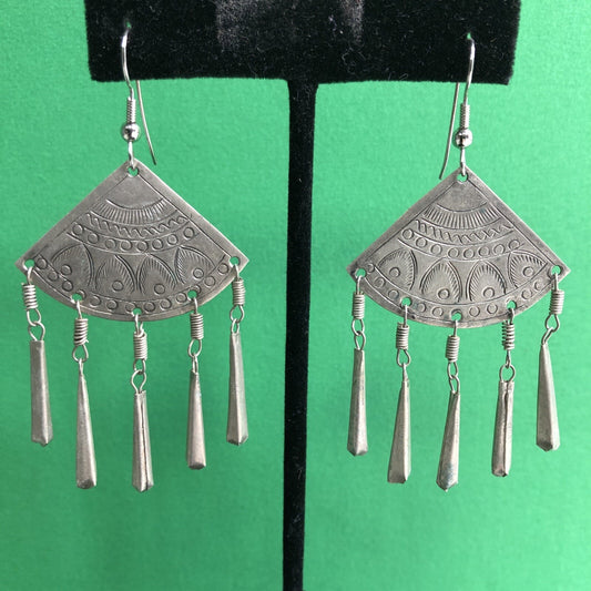 Vtg Mexican Silver Fan Dangles Drop Earrings Stamped Detail Pierced Hook Wire