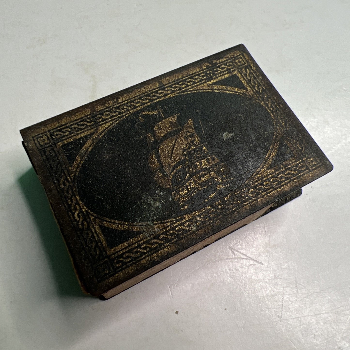 VTG Brass Small Matchbox Case Pirate Ship Compass Wooden Strike Holder