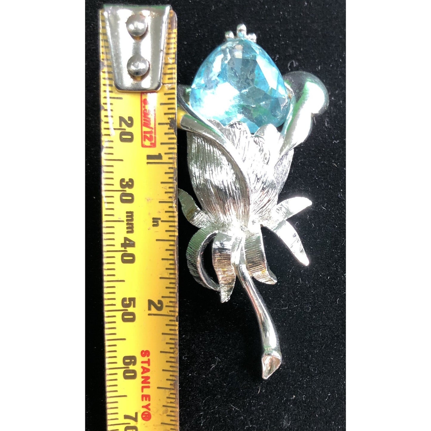 Vintage Emmons Floral w/ Blue Stone Silver Tone MCM Brooch Flower