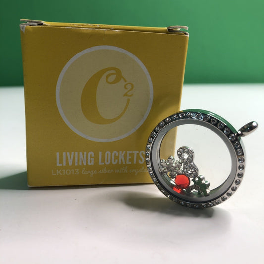 Origami Owl LK1013 Large Silver Hinge Locket w/Swarovski Crystals + 4 Charms