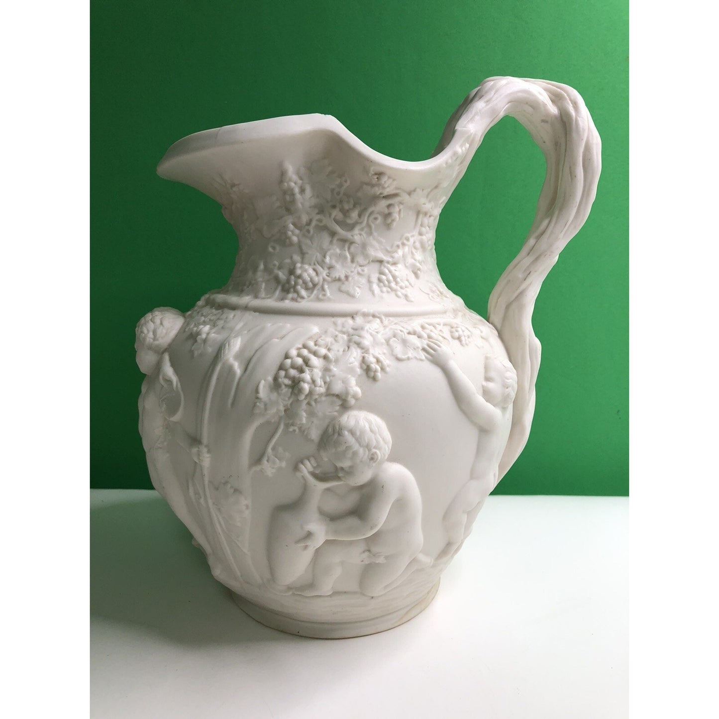 Antique Copeland Parian Ware Pitcher Jug Putti Relief Motif With Grapes Cherubs