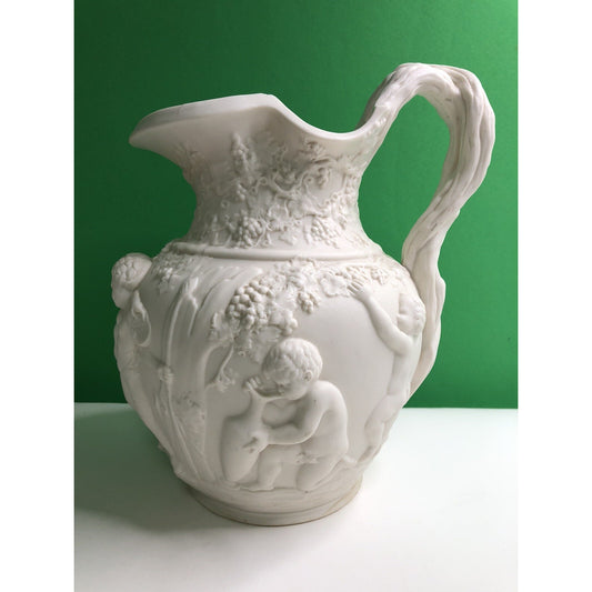 Antique Copeland Parian Ware Pitcher Jug Putti Relief Motif With Grapes Cherubs