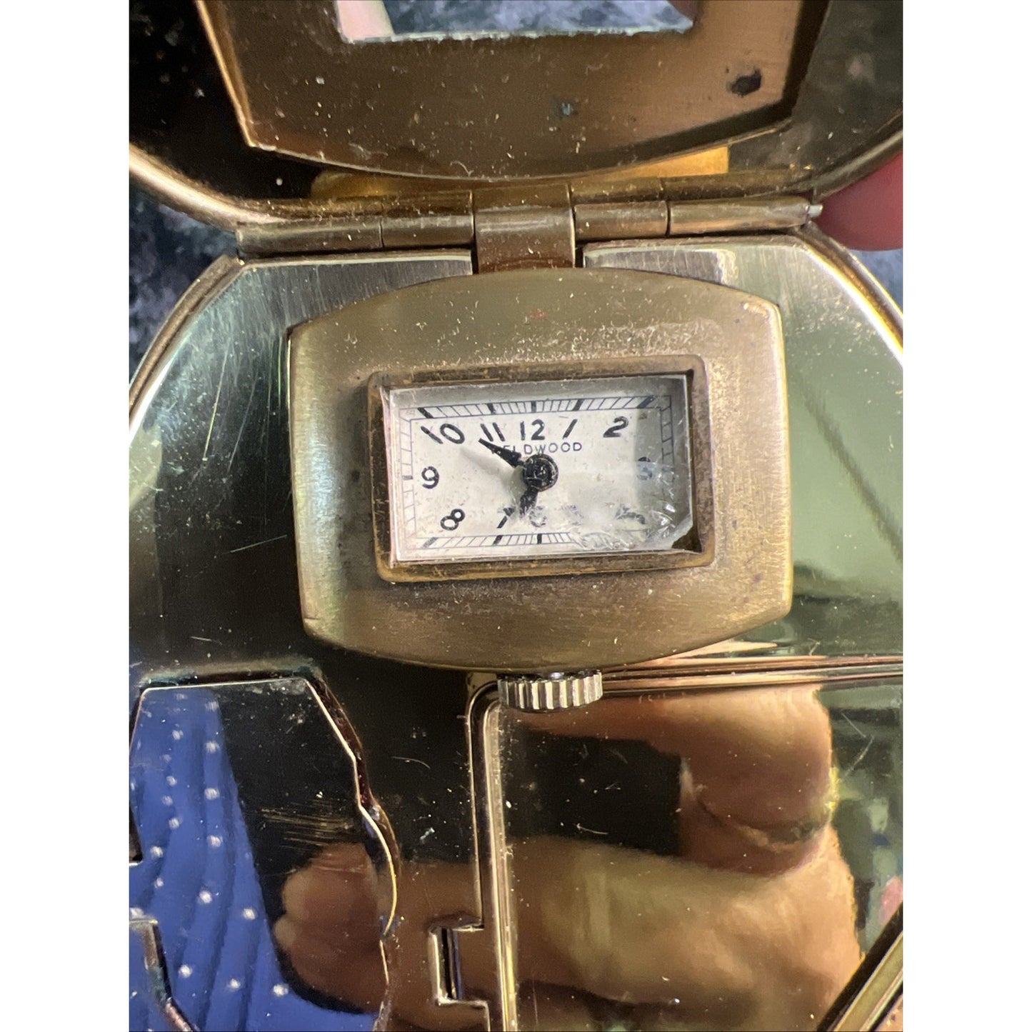 Weldwood Clock Art Deco Cream Enamel Makeup Compact Illinois Watch Case Co.