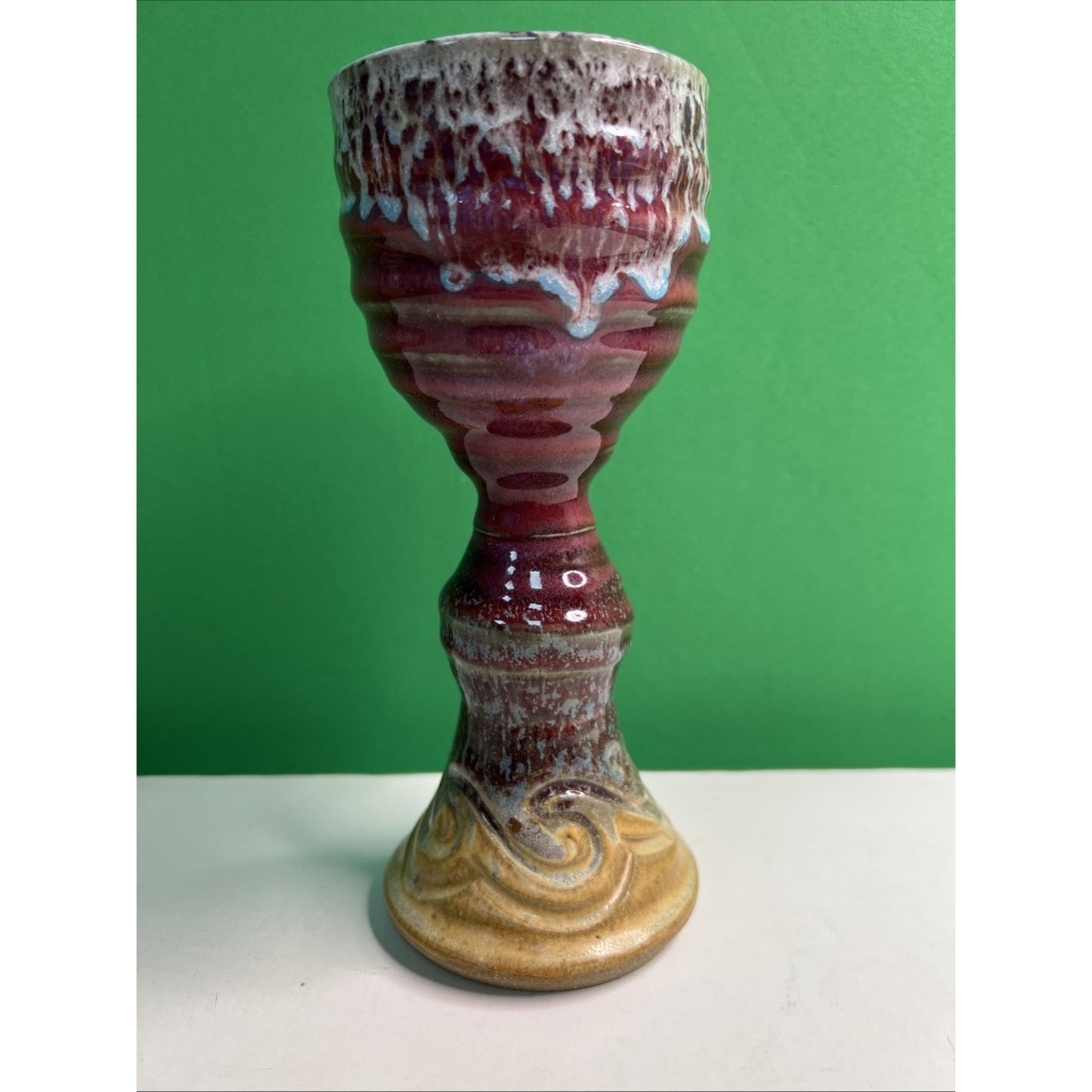 Mid Century Studio Art Pottery Goblet Chalice Cup Vase Signed Glazed Stoneware