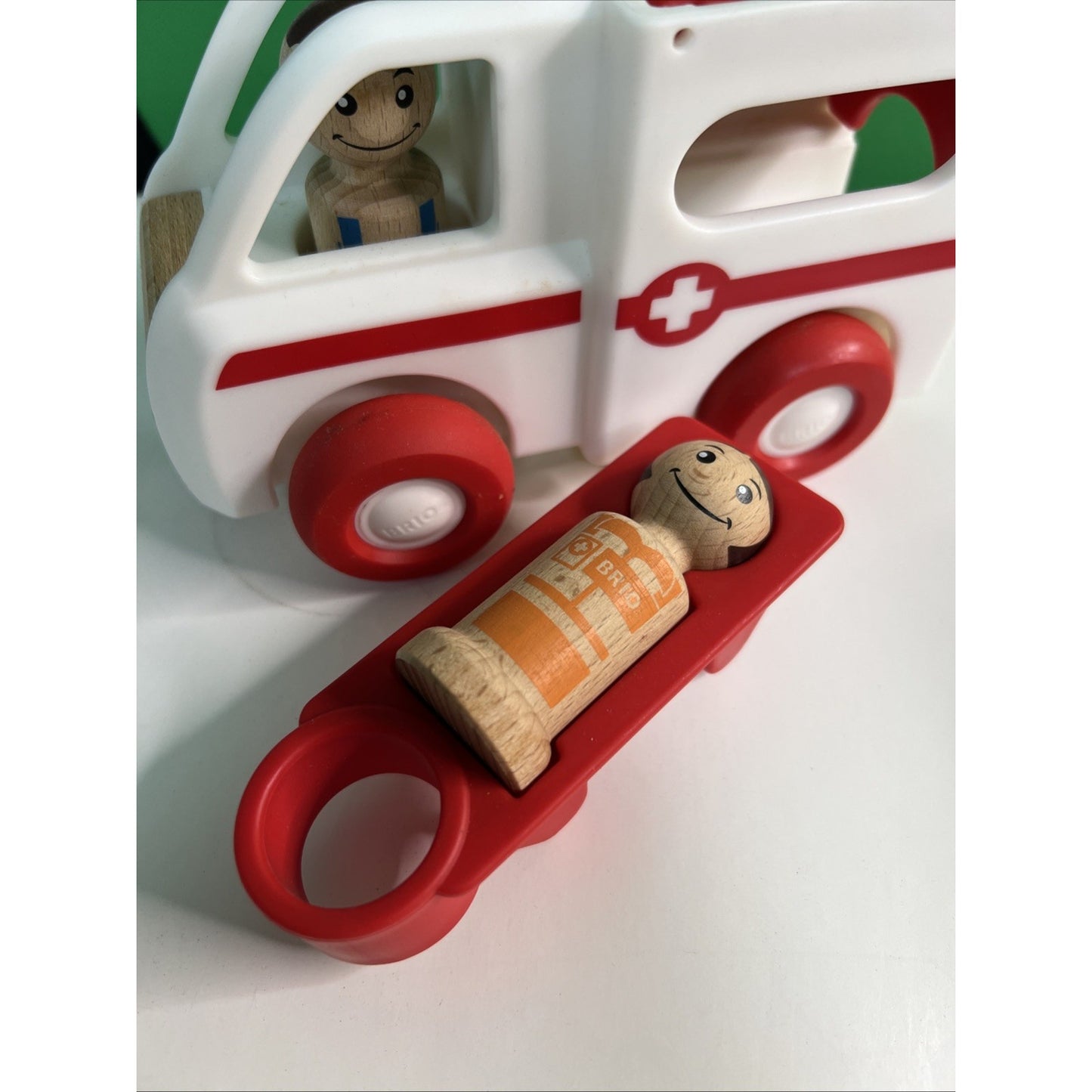 Brio Plastic Red and White Emergency Ambulance Toy Vehicle With Wooden Figures