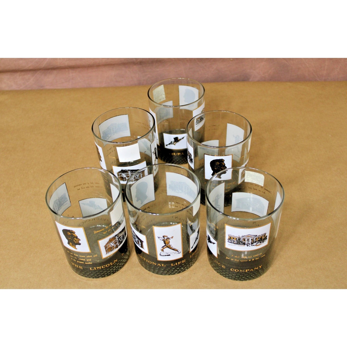 VTG Smoked Glass Gold Drinkware/ Whiskey Glasses, Lincoln National Life Advert.