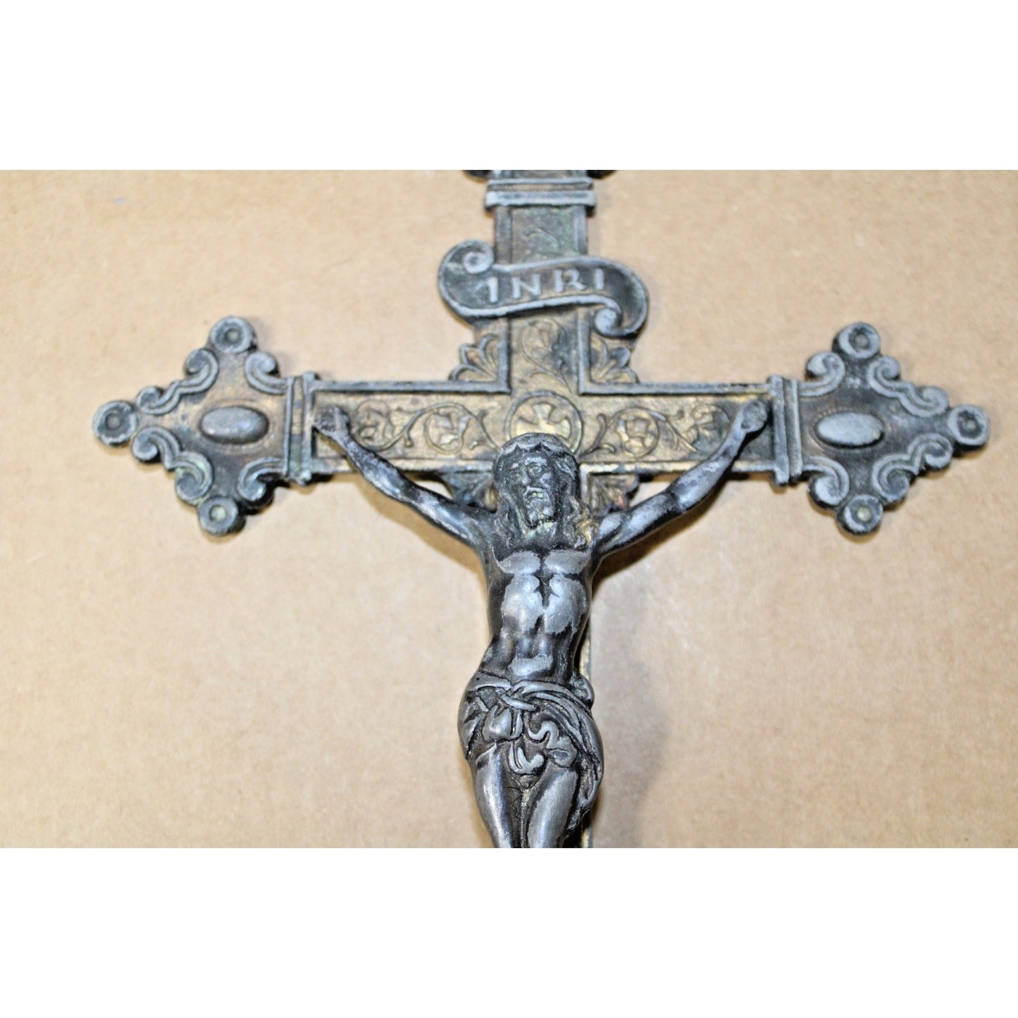Antique Cast Iron/ Brass Crucifix, Intricately Detailed, 8.5" H Christ on Cross