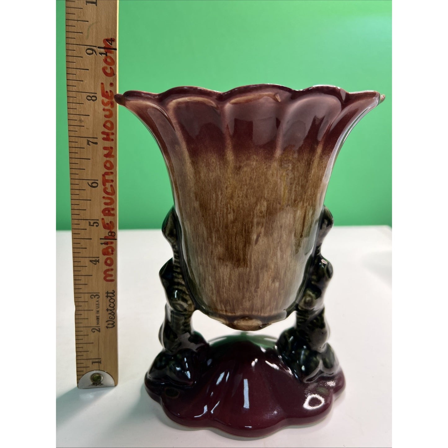 Vintage Hull USA Woodland Double Footed Suspended Vase Burgundy Brown 8"