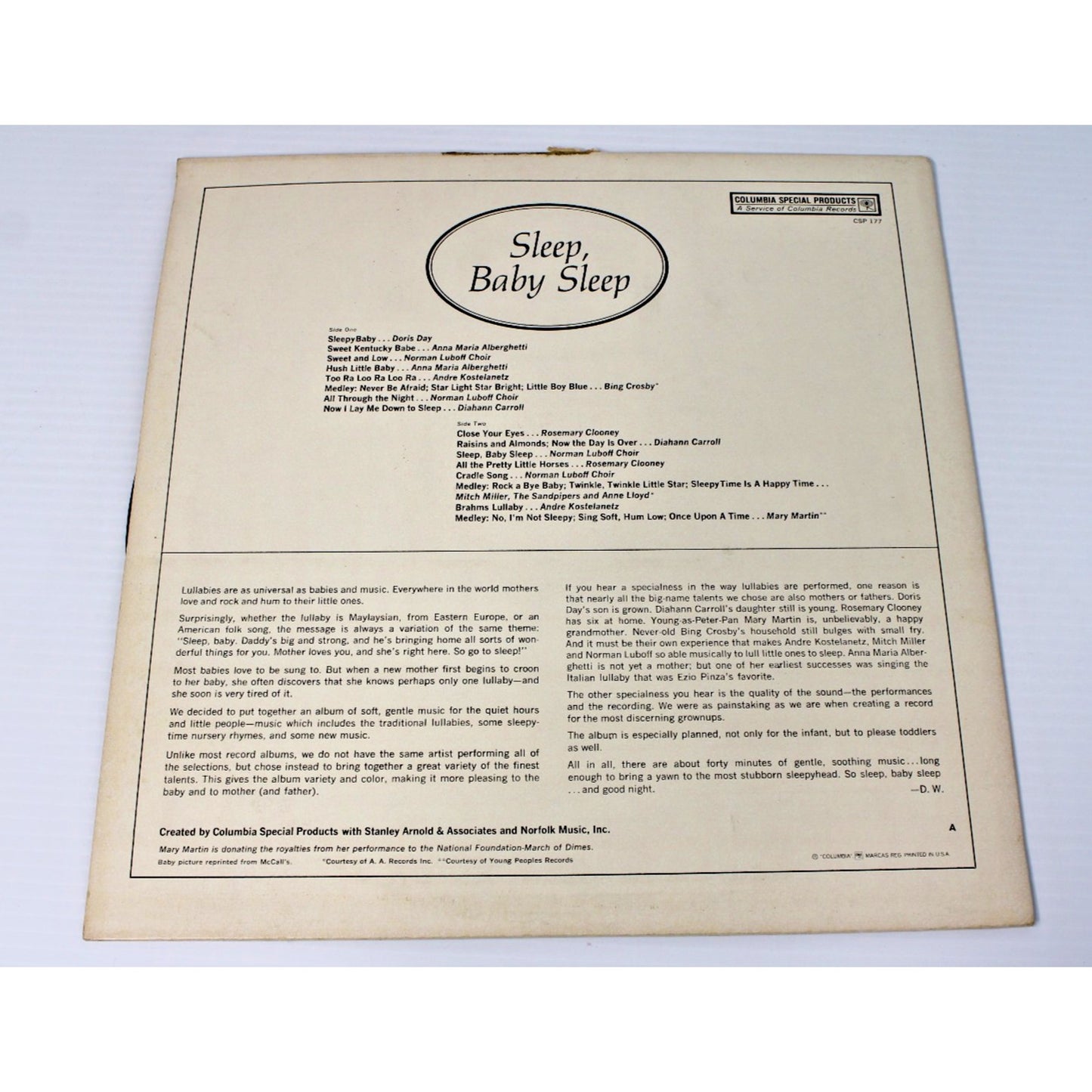 1965 PET Milk Promo LP- Sleep Baby Sleep- Lullabies, Doris Day, Rosemary Clooney