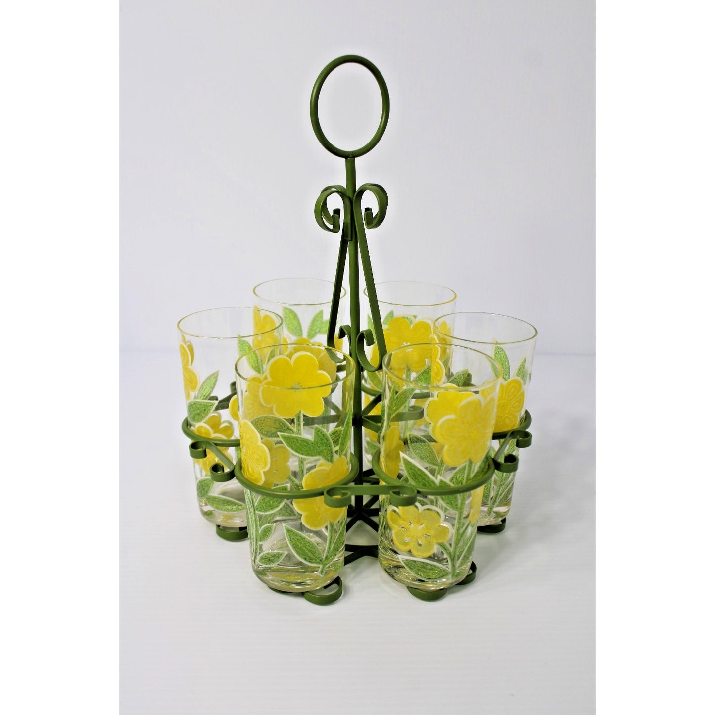 Vtg Mod Flower Culver HighBall Set 6 Tumblers Retro Caddy Glasses Iced Tea 12 oz