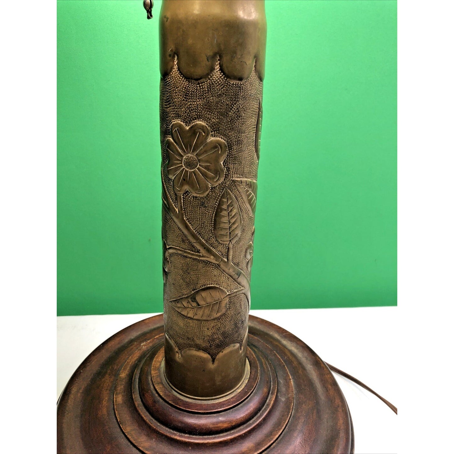 Trench Art Etched Artillery Shell Table Lamp, 3 Light, Wood Base 23” H - Works