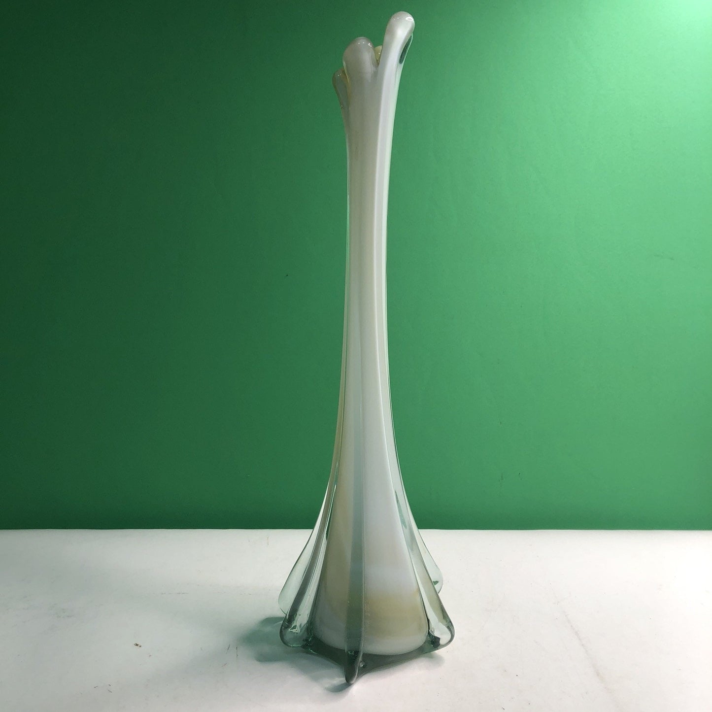 Vintage MCM Swung Glass Vase White Cream Clear 17.75” Tall Mid Century