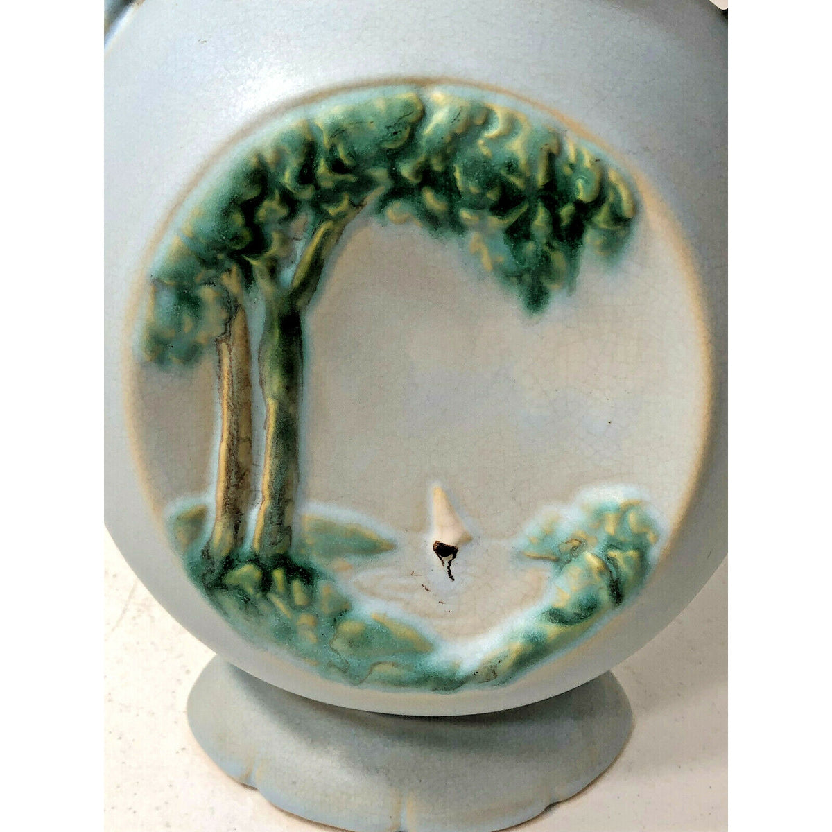 Vintage Blue Weller Art Pottery, Rare Hand-Painted Coastal Naturalist Boat Scene
