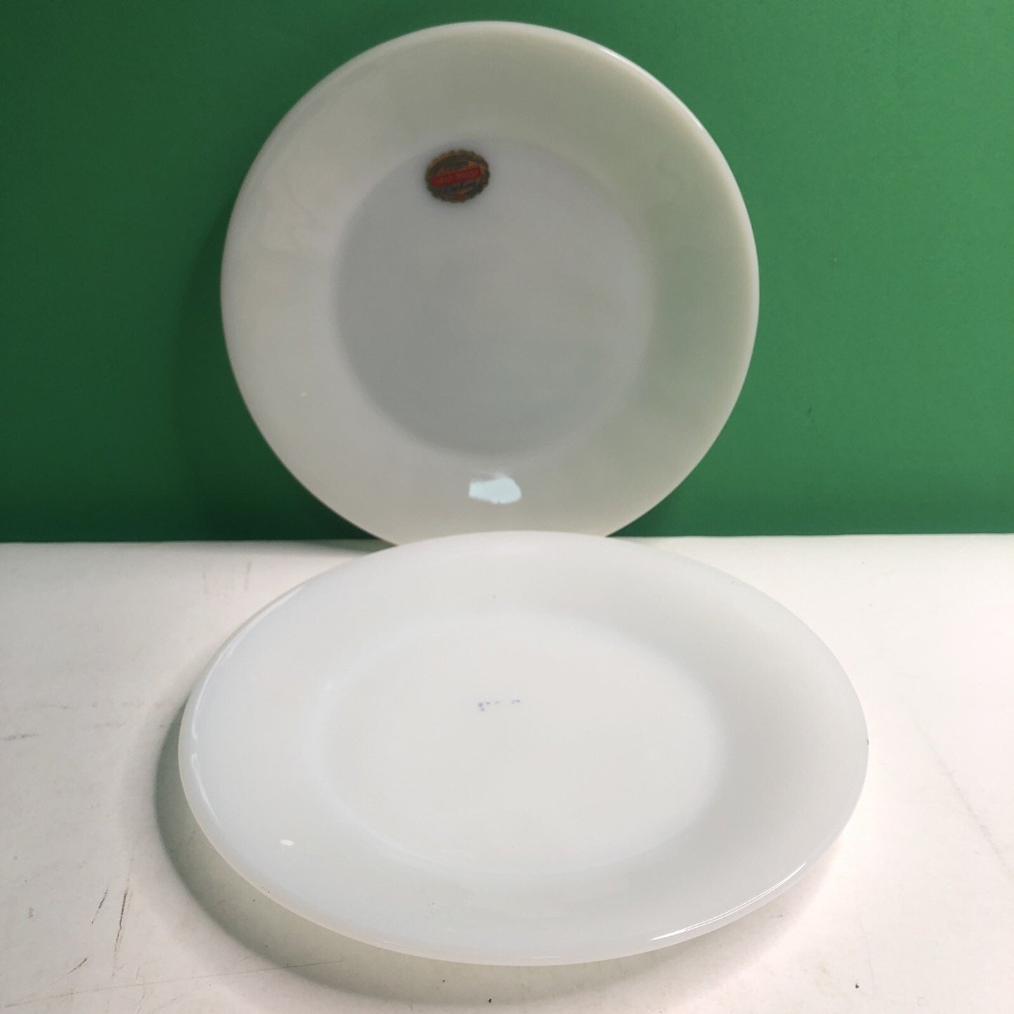 MCM Anchor Hocking Glass Fire King Oven Ware Ivory Dinner Plate Set Of 2 1940s