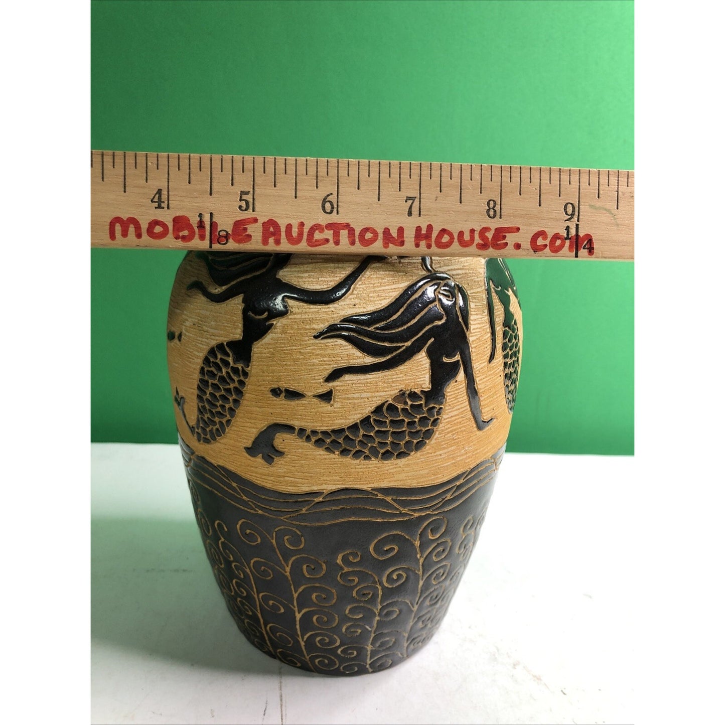 Beautiful MERMAID Vase Sgrafitto Studio Art Pottery Rich Brown Cream Orange