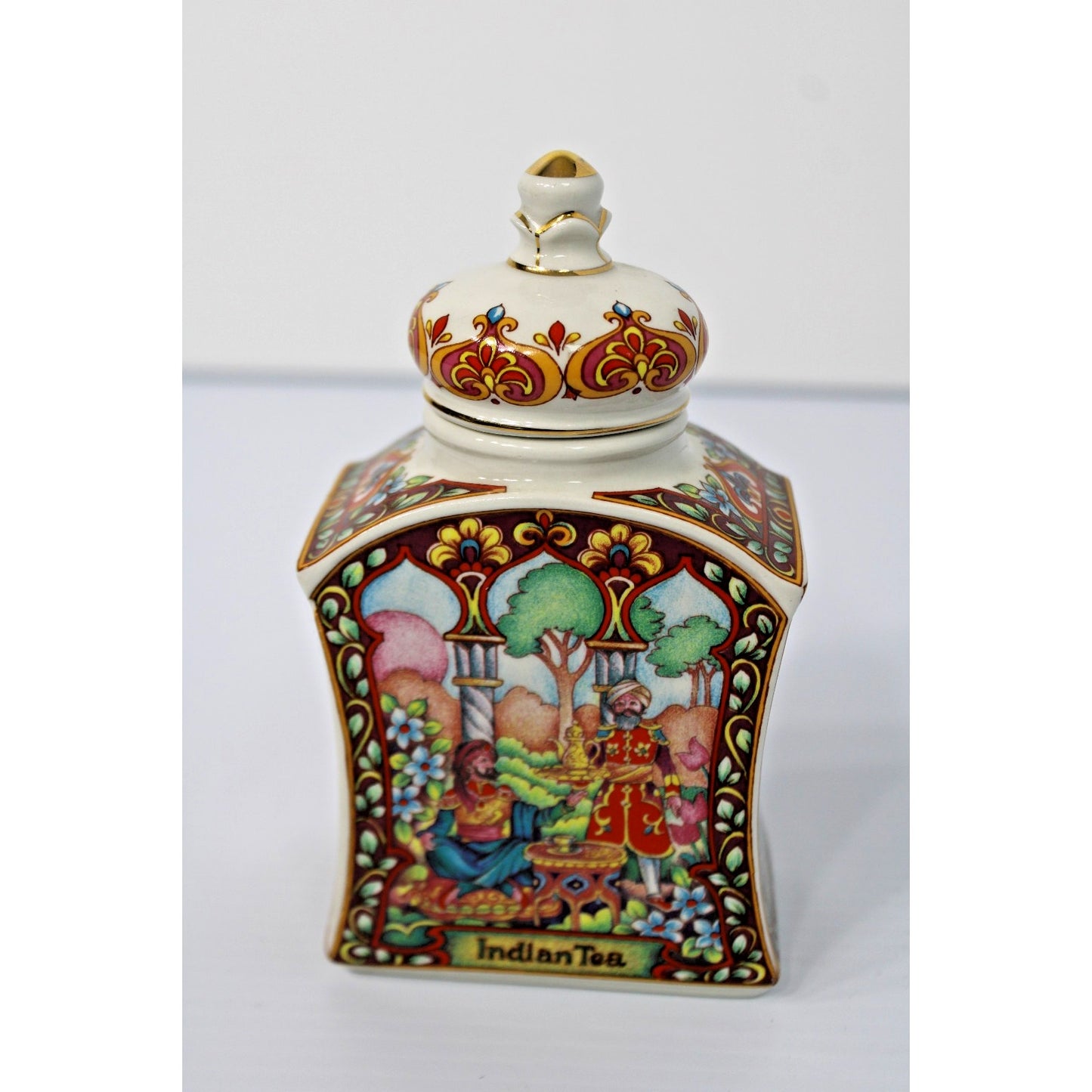 Vintage James Sadler Staffordshire England Indian Tea Caddy Box w/ Lid Porcelain