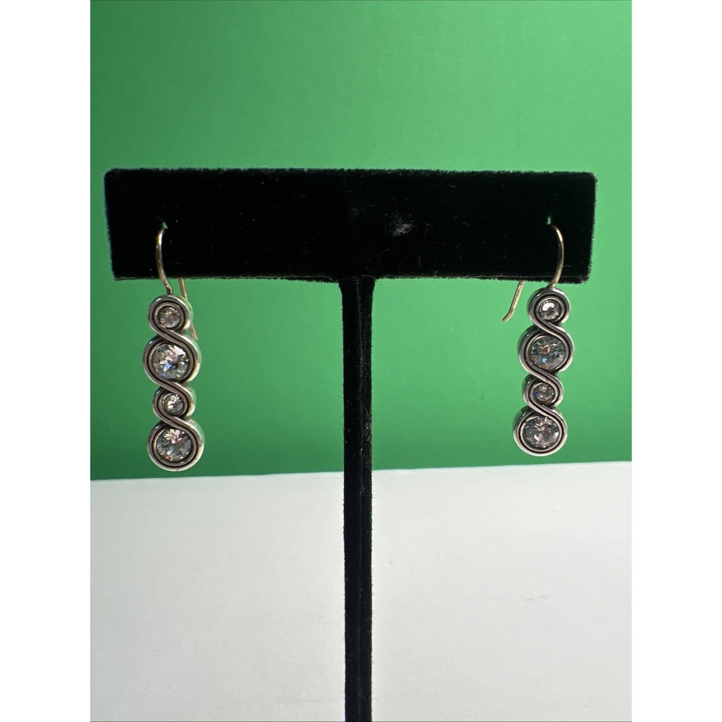 Vintage Silver Tone Swirl & Clear Stone Drop Dangle Earrings French Wire